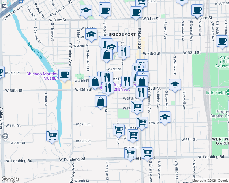 map of restaurants, bars, coffee shops, grocery stores, and more near 3500 South Sangamon Street in Chicago