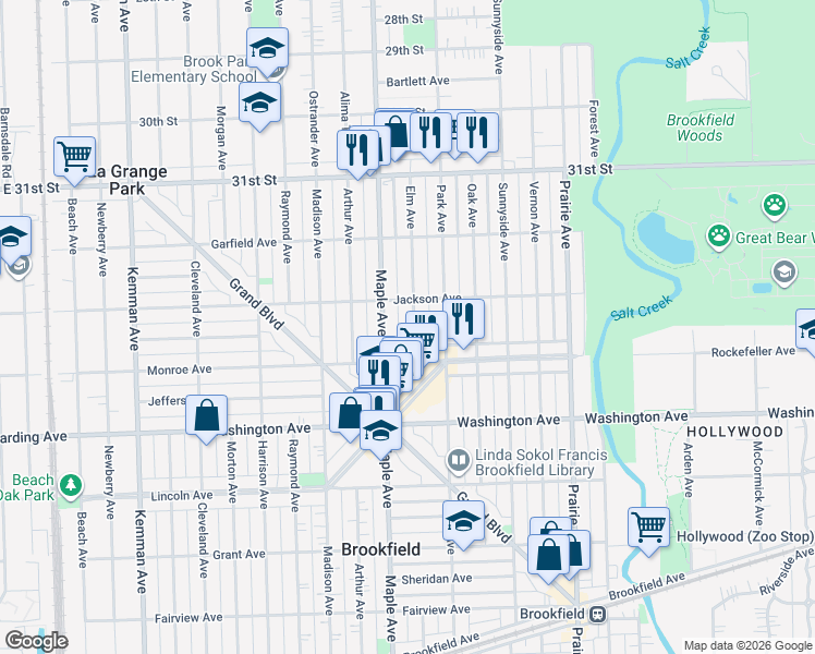 map of restaurants, bars, coffee shops, grocery stores, and more near 3320 Elm Avenue in Brookfield