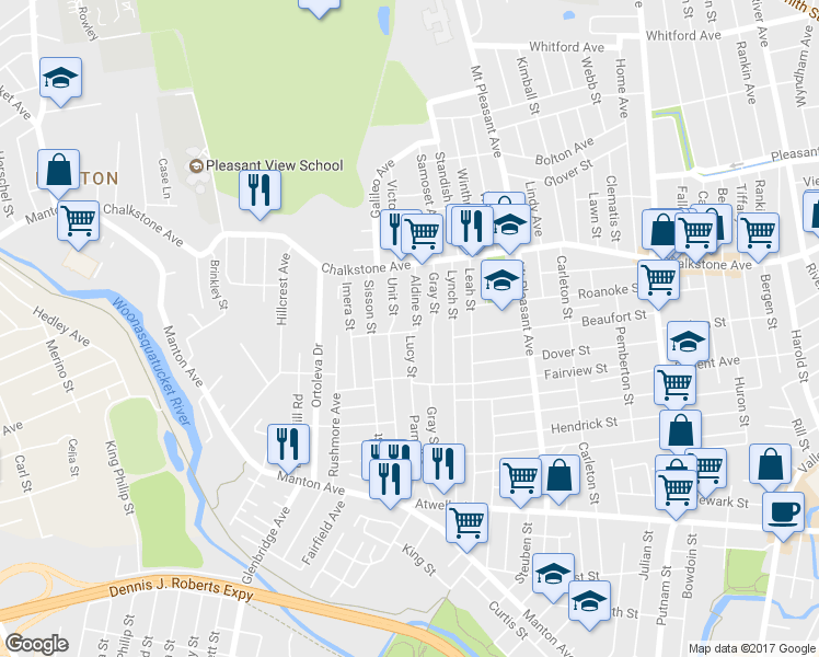 map of restaurants, bars, coffee shops, grocery stores, and more near 9 Almira Avenue in Providence