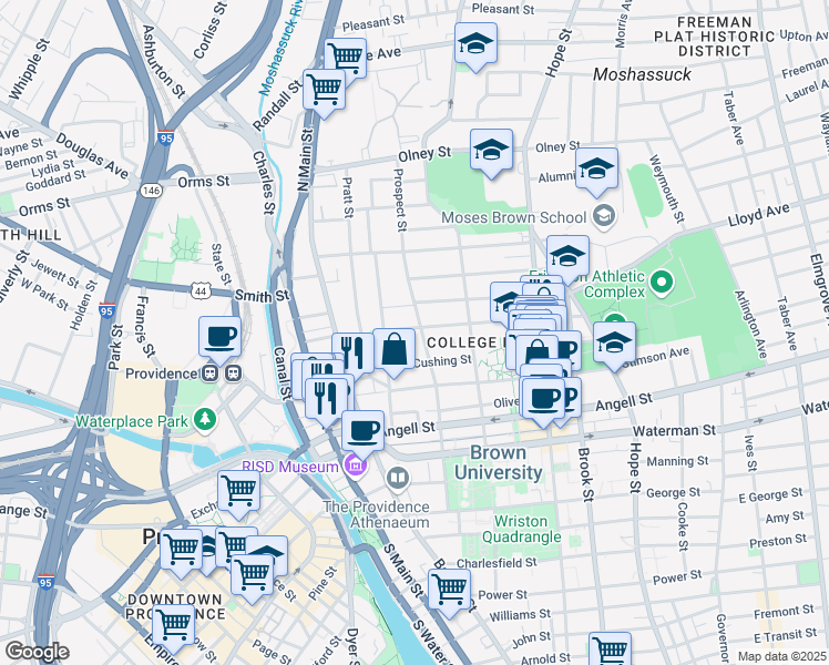 map of restaurants, bars, coffee shops, grocery stores, and more near 92 Prospect Street in Providence