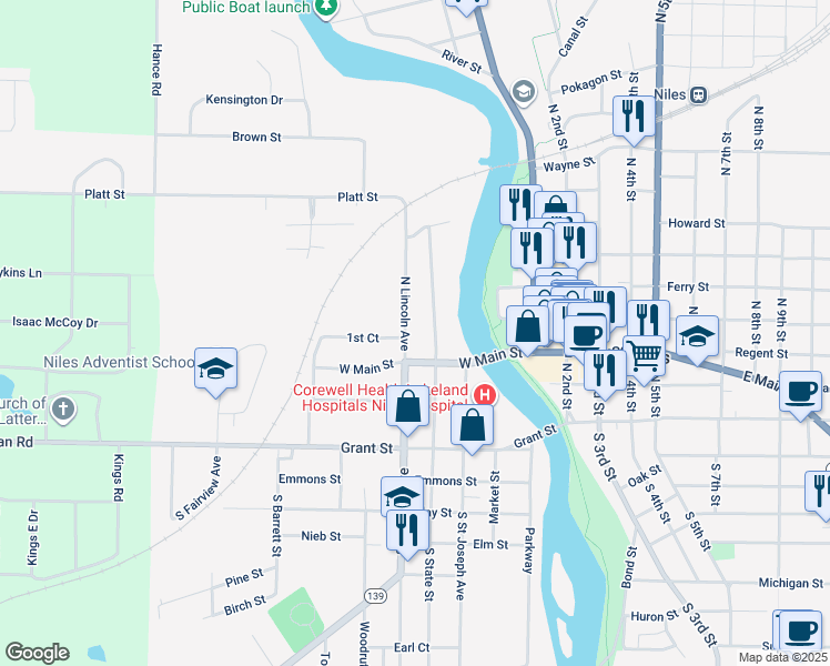 map of restaurants, bars, coffee shops, grocery stores, and more near 303 North Lincoln Avenue in Niles