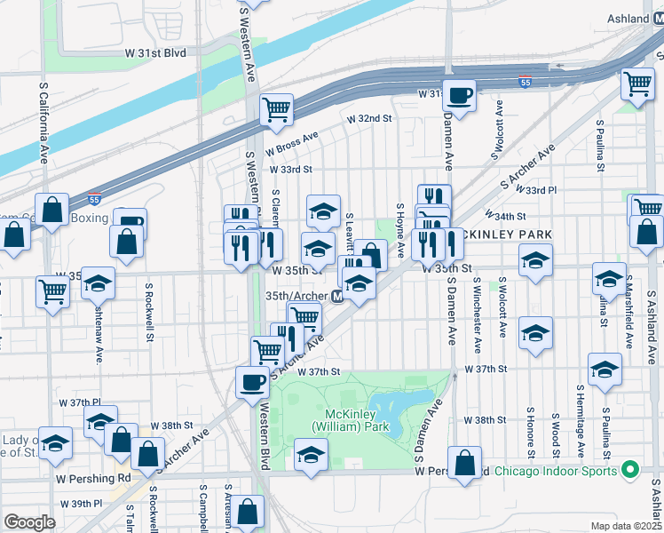 map of restaurants, bars, coffee shops, grocery stores, and more near 3459 South Bell Avenue in Chicago