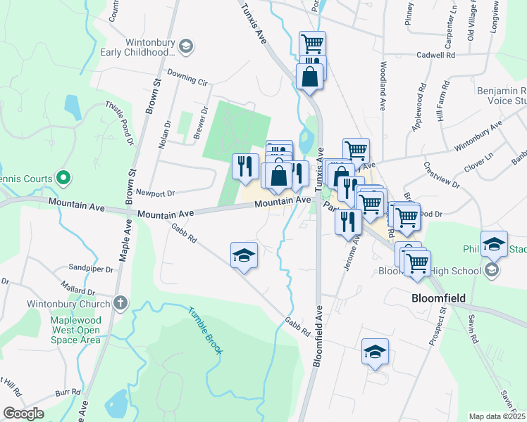 map of restaurants, bars, coffee shops, grocery stores, and more near 1 Regency Drive in Bloomfield