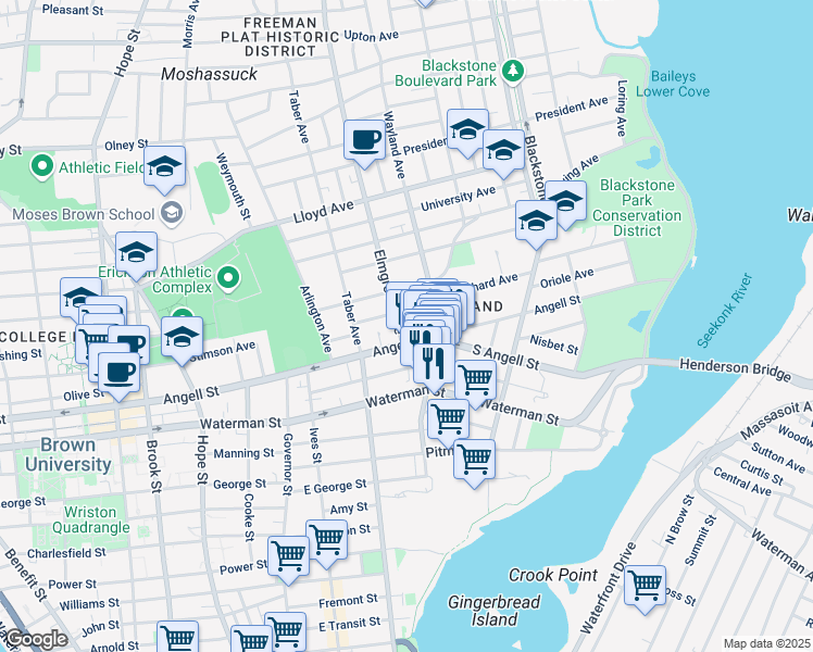 map of restaurants, bars, coffee shops, grocery stores, and more near 15 Elmgrove Avenue in Providence