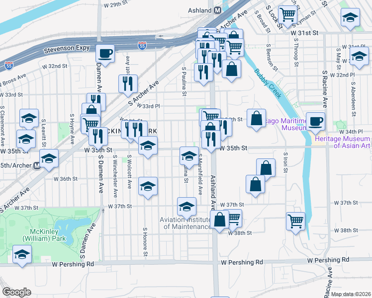 map of restaurants, bars, coffee shops, grocery stores, and more near West 35th Street & South Paulina Street in Chicago