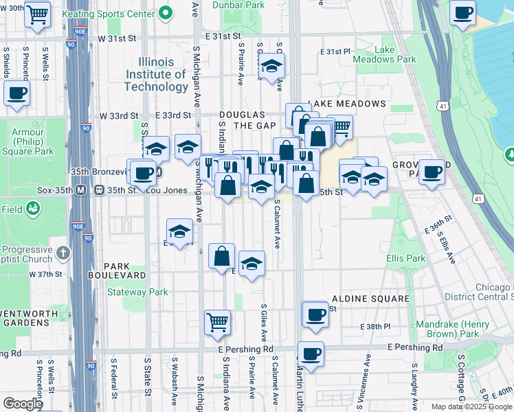 map of restaurants, bars, coffee shops, grocery stores, and more near 3518 South Giles Avenue in Chicago
