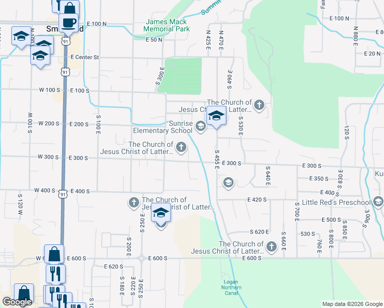 map of restaurants, bars, coffee shops, grocery stores, and more near 280 South 370 East in Smithfield