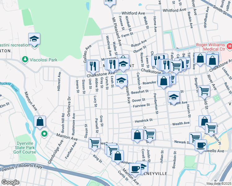 map of restaurants, bars, coffee shops, grocery stores, and more near 165 Beaufort Street in Providence