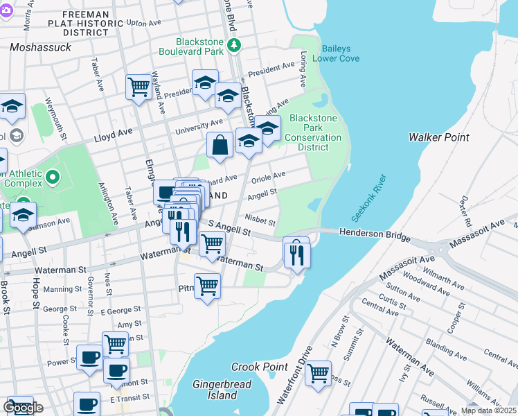 map of restaurants, bars, coffee shops, grocery stores, and more near 14 Rhode Island Avenue in Providence