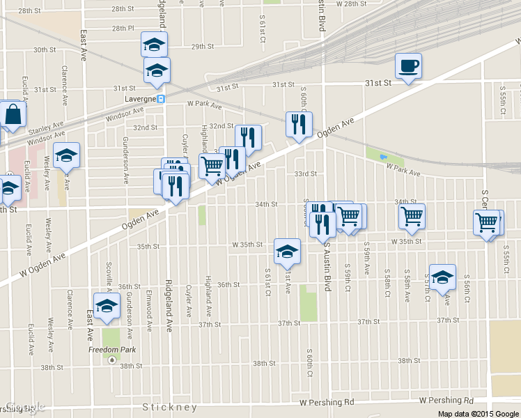 map of restaurants, bars, coffee shops, grocery stores, and more near 3404 South 61st Court in Cicero
