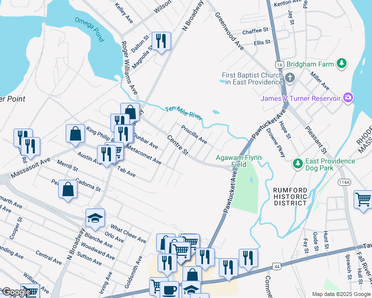 map of restaurants, bars, coffee shops, grocery stores, and more near 128 Centre Street in East Providence