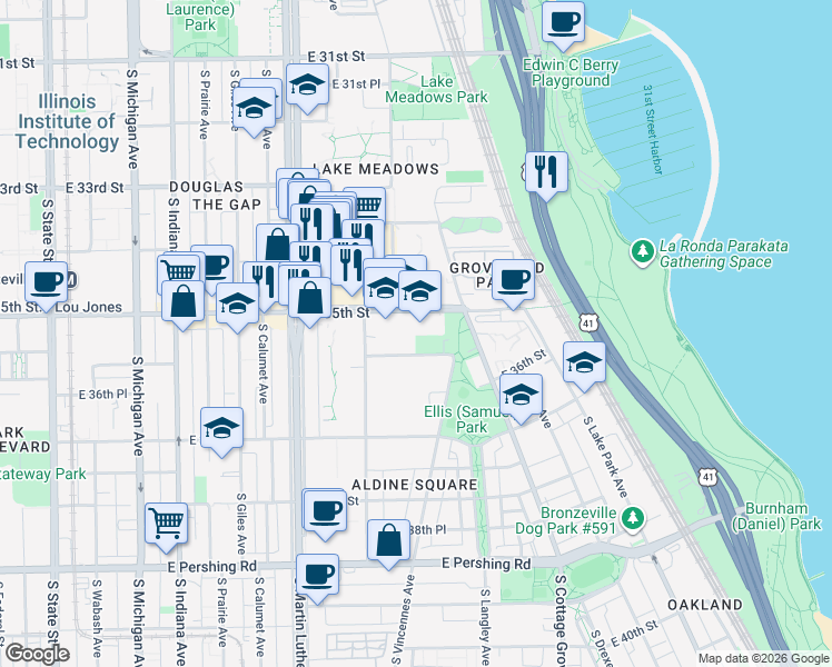 map of restaurants, bars, coffee shops, grocery stores, and more near 535 East 35th Street in Chicago