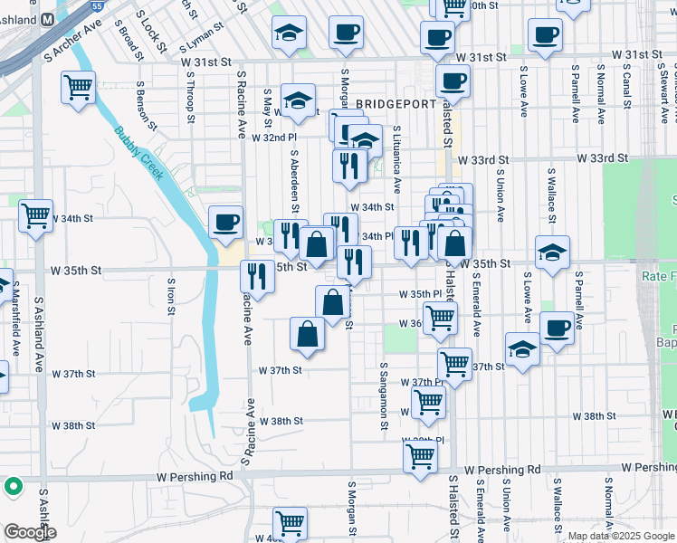 map of restaurants, bars, coffee shops, grocery stores, and more near 3500 South Morgan Street in Chicago