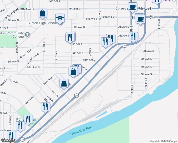 map of restaurants, bars, coffee shops, grocery stores, and more near 1403 Camanche Avenue in Clinton
