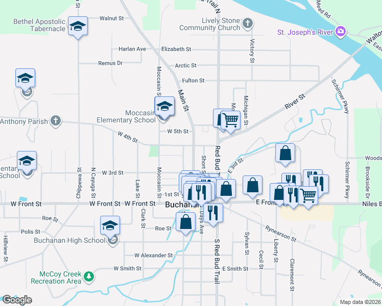 map of restaurants, bars, coffee shops, grocery stores, and more near 316 North Oak Street in Buchanan