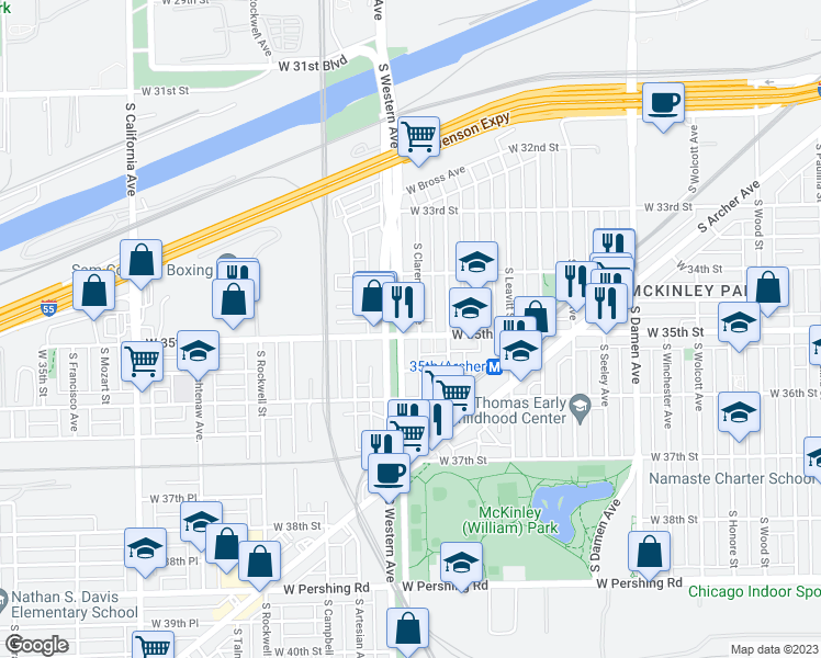 map of restaurants, bars, coffee shops, grocery stores, and more near 3453 South Western Avenue in Chicago