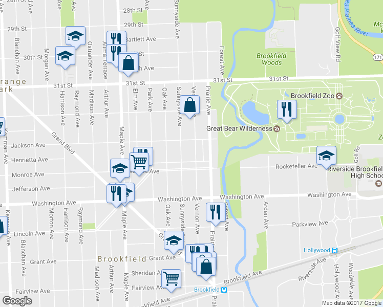map of restaurants, bars, coffee shops, grocery stores, and more near 3322 Vernon Avenue in Brookfield