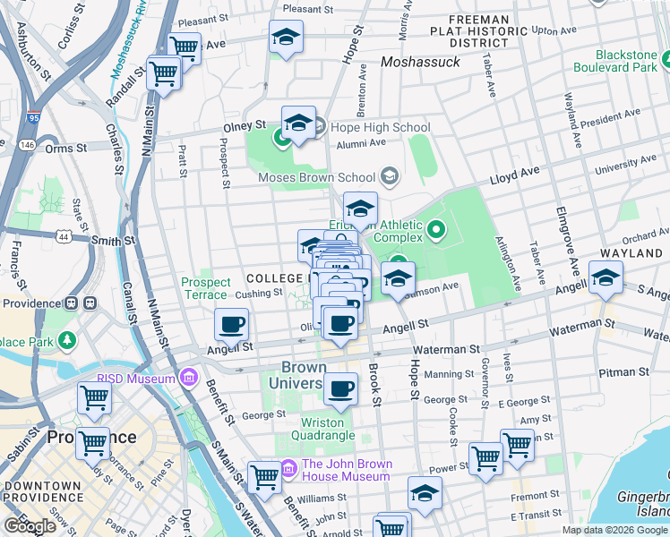 map of restaurants, bars, coffee shops, grocery stores, and more near 308 Thayer Street in Providence