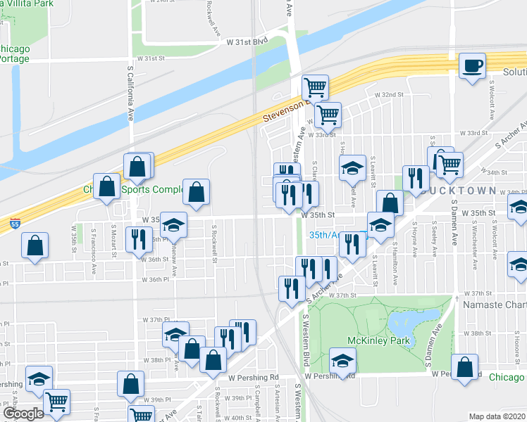 map of restaurants, bars, coffee shops, grocery stores, and more near 2444 West 35th Street in Chicago