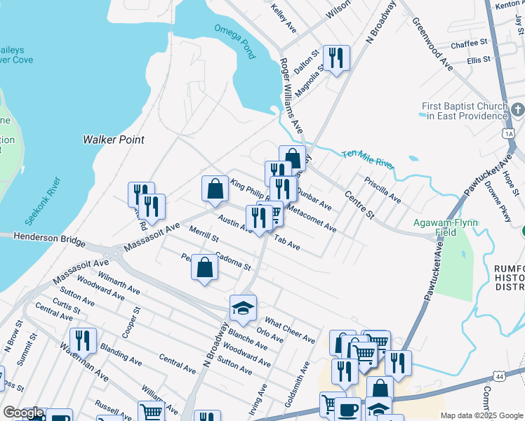 map of restaurants, bars, coffee shops, grocery stores, and more near 410 North Broadway in East Providence