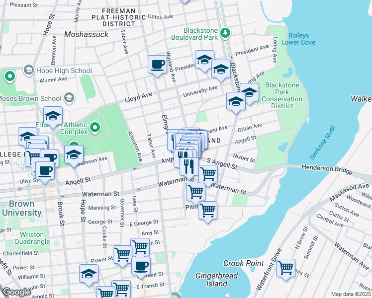 map of restaurants, bars, coffee shops, grocery stores, and more near 490 Angell Street in Providence