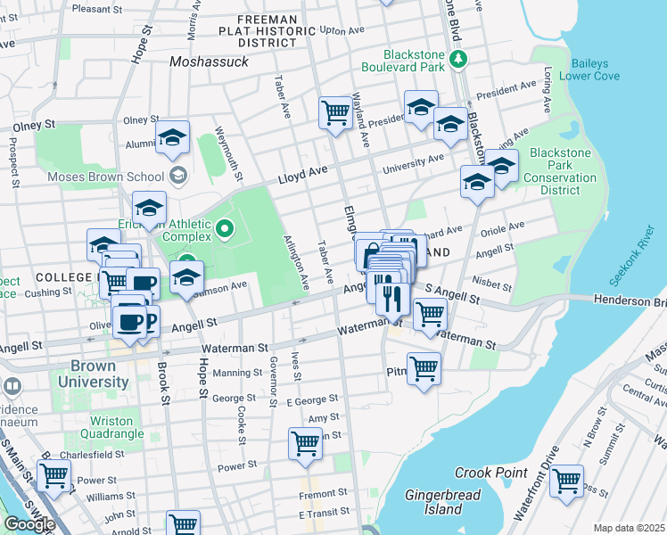 map of restaurants, bars, coffee shops, grocery stores, and more near 27 Taber Avenue in Providence