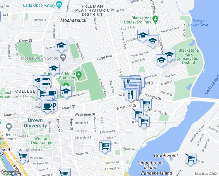 map of restaurants, bars, coffee shops, grocery stores, and more near 27 Taber Avenue in Providence