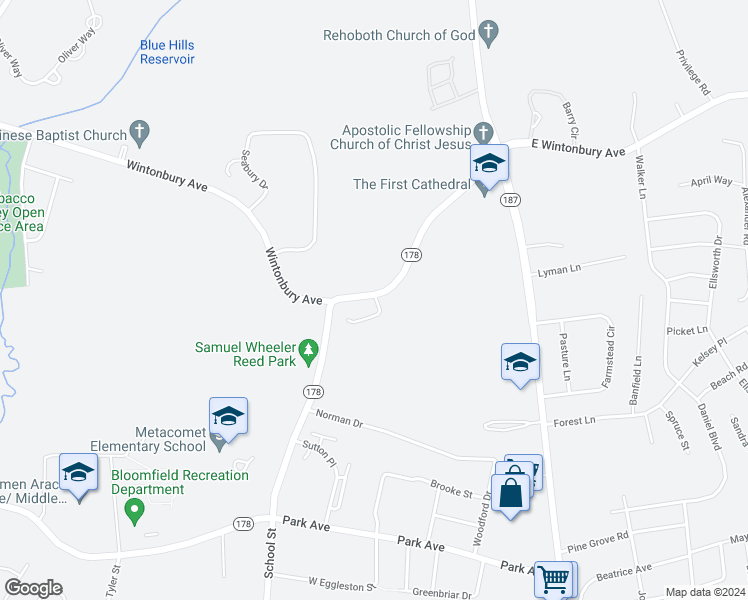 map of restaurants, bars, coffee shops, grocery stores, and more near 7 Camelot Drive in Bloomfield