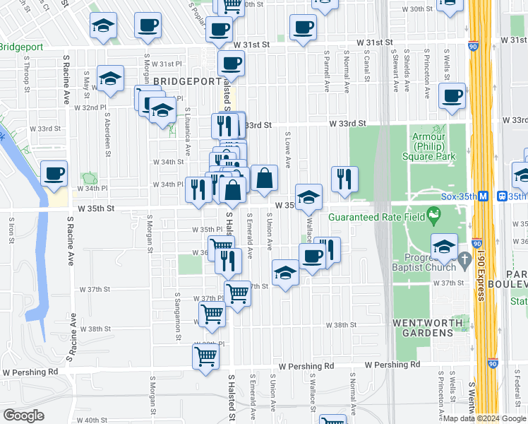 map of restaurants, bars, coffee shops, grocery stores, and more near 3505 South Union Avenue in Chicago