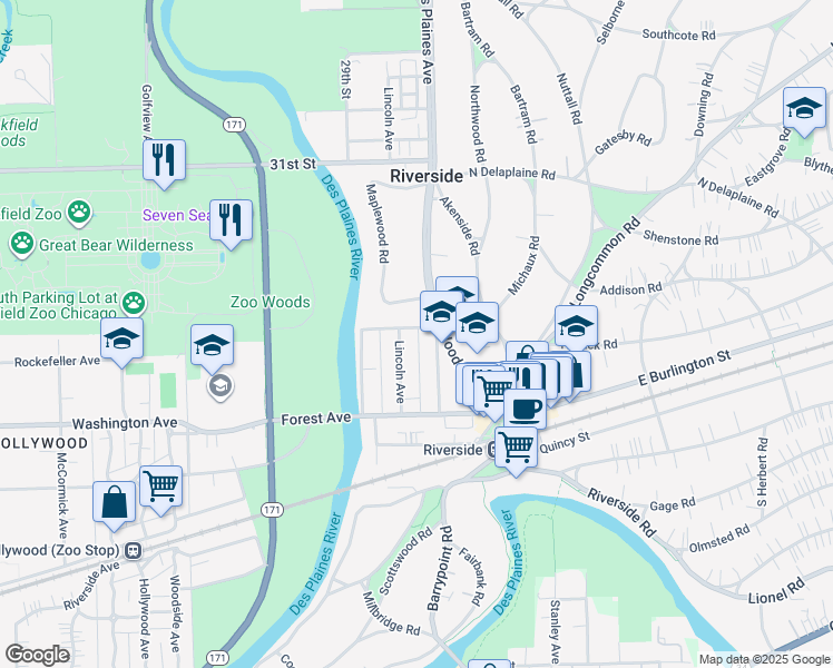 map of restaurants, bars, coffee shops, grocery stores, and more near 113 Lincoln Avenue in Riverside