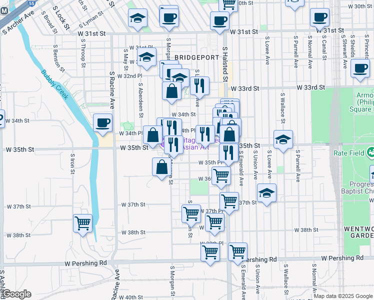 map of restaurants, bars, coffee shops, grocery stores, and more near 3500 South Sangamon Street in Chicago