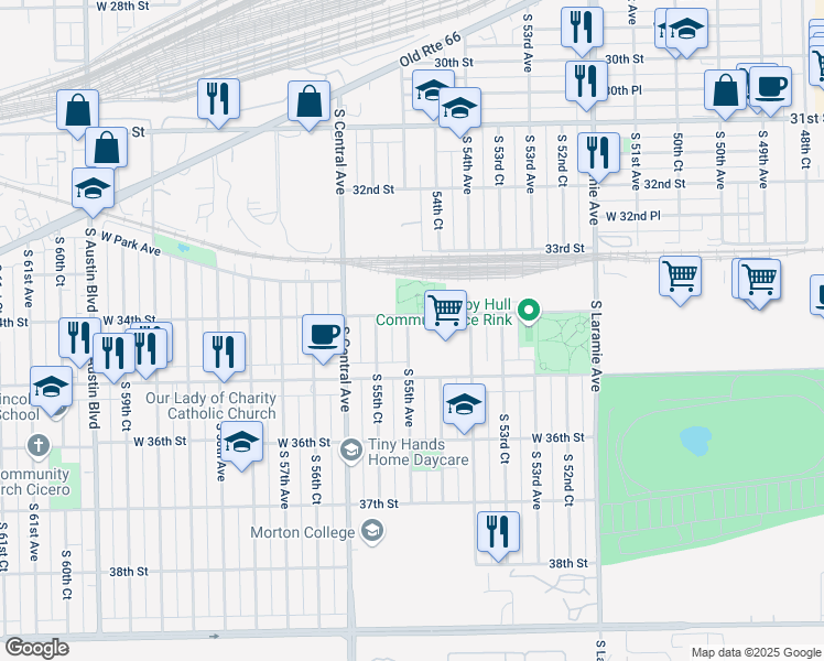 map of restaurants, bars, coffee shops, grocery stores, and more near 3409 South 55th Avenue in Cicero