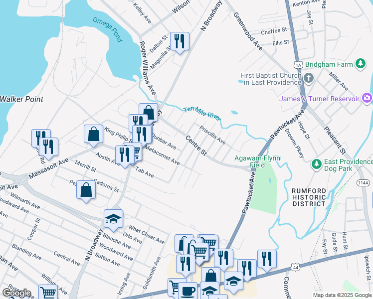 map of restaurants, bars, coffee shops, grocery stores, and more near 33 Castro Street in East Providence