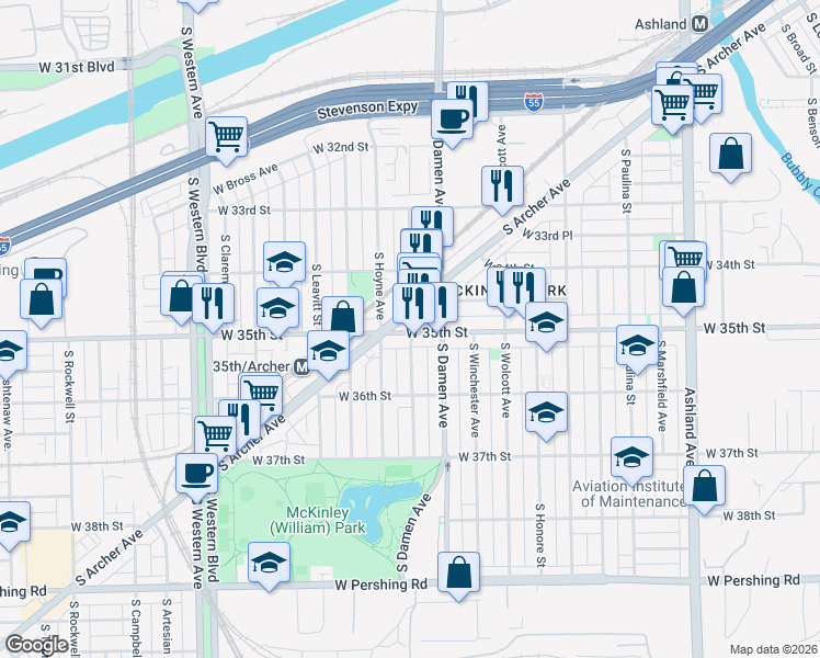 map of restaurants, bars, coffee shops, grocery stores, and more near 2030 West 35th Street in Chicago