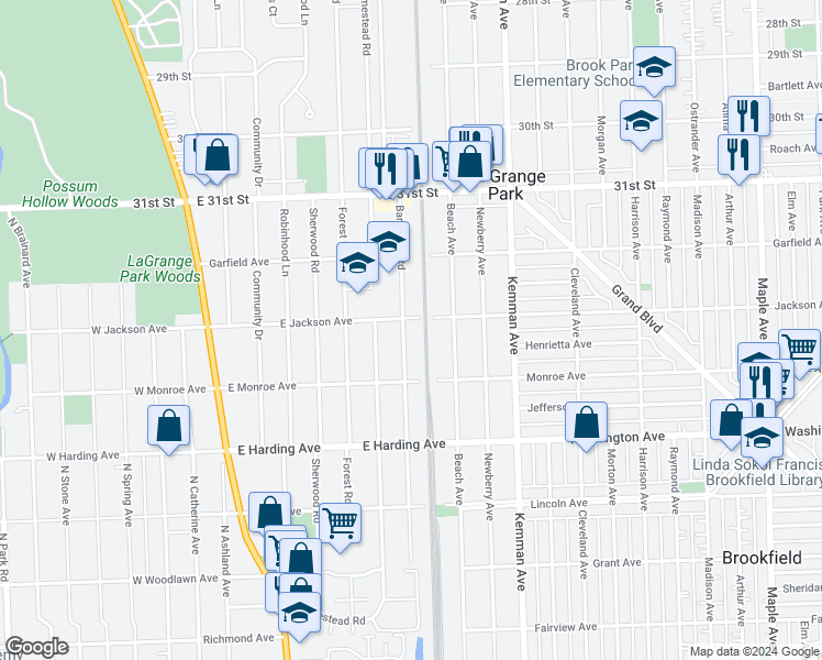 map of restaurants, bars, coffee shops, grocery stores, and more near 837 Barnsdale Road in La Grange Park