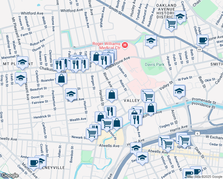 map of restaurants, bars, coffee shops, grocery stores, and more near 102 River Avenue in Providence