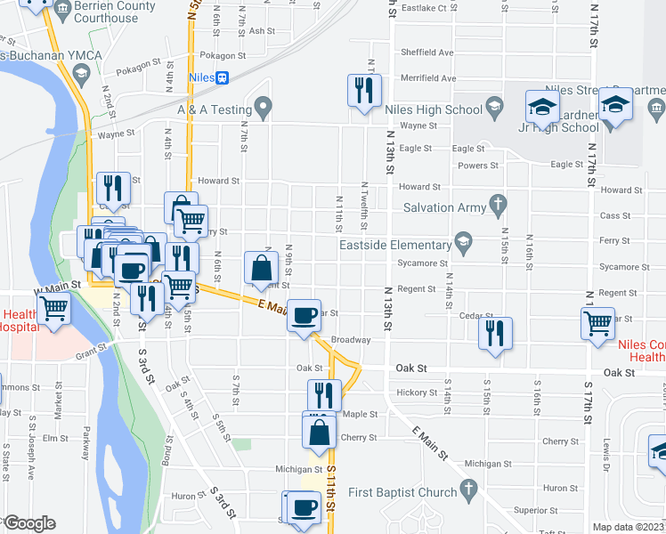 map of restaurants, bars, coffee shops, grocery stores, and more near 1022 Sycamore St in Niles