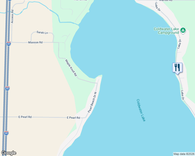 map of restaurants, bars, coffee shops, grocery stores, and more near 524 Pearl Beach Drive North in Coldwater
