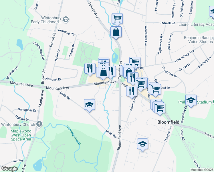 map of restaurants, bars, coffee shops, grocery stores, and more near 11 Mountain Avenue in Bloomfield