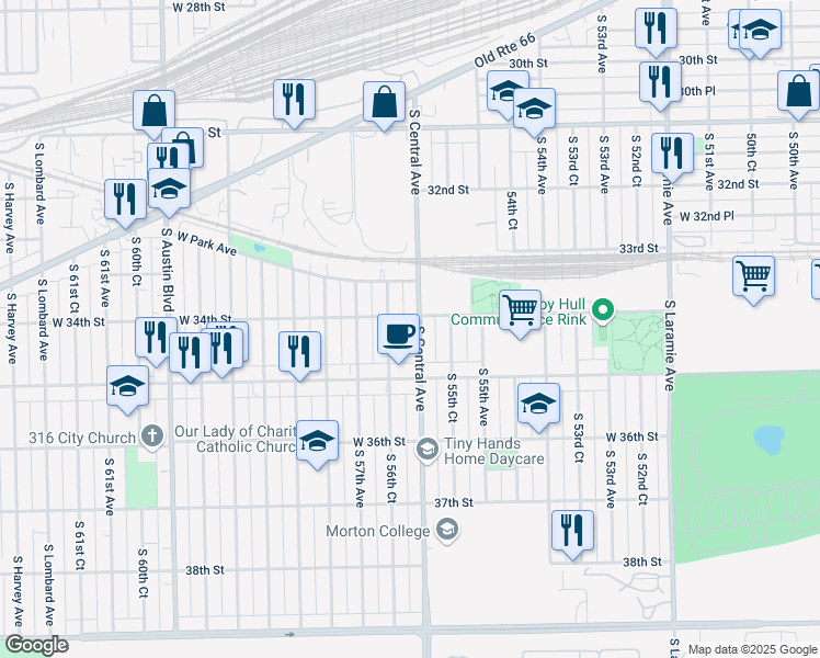 map of restaurants, bars, coffee shops, grocery stores, and more near 3406 South Central Avenue in Cicero