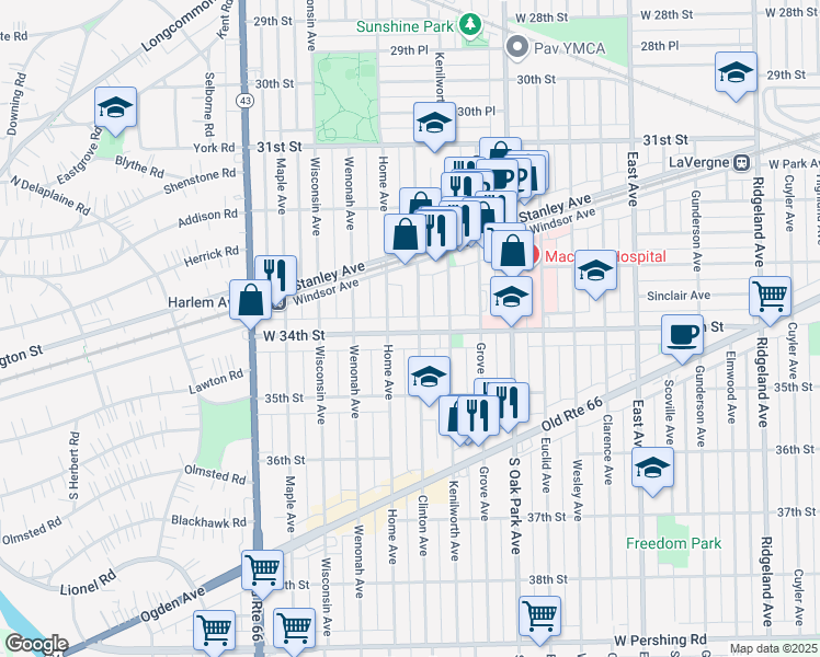 map of restaurants, bars, coffee shops, grocery stores, and more near 6925 34th Street in Berwyn