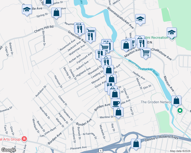 map of restaurants, bars, coffee shops, grocery stores, and more near 30 Leading Street in Johnston
