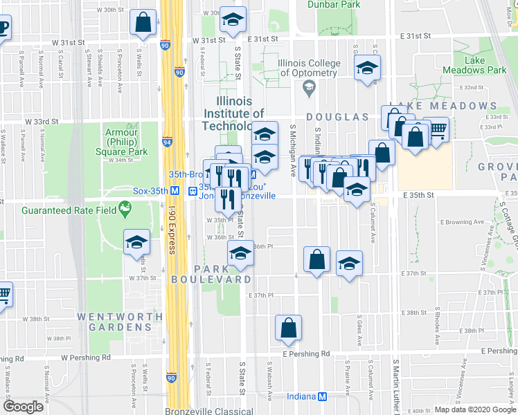 map of restaurants, bars, coffee shops, grocery stores, and more near 3512 South Wabash Avenue in Chicago