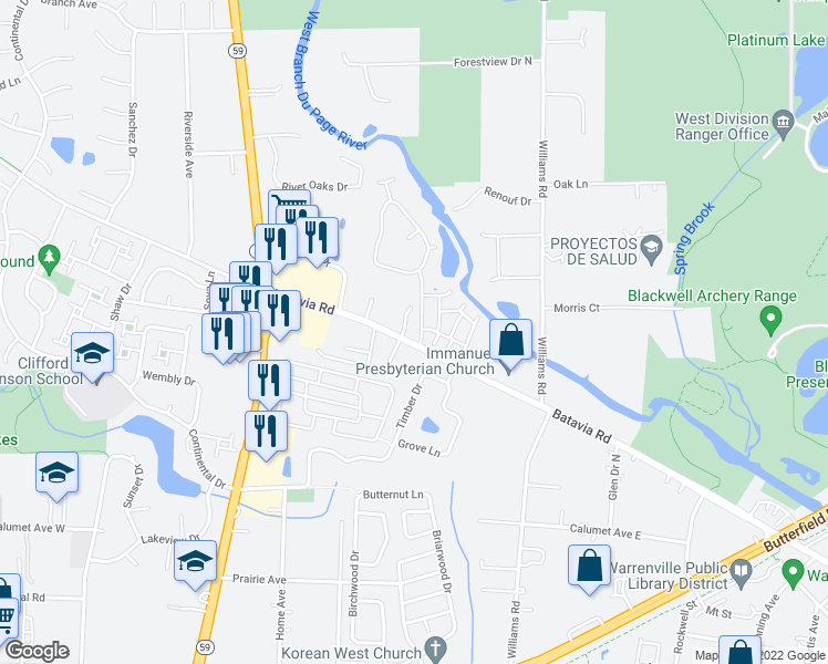 map of restaurants, bars, coffee shops, grocery stores, and more near 2S590 Seraph Holmes Court in Warrenville