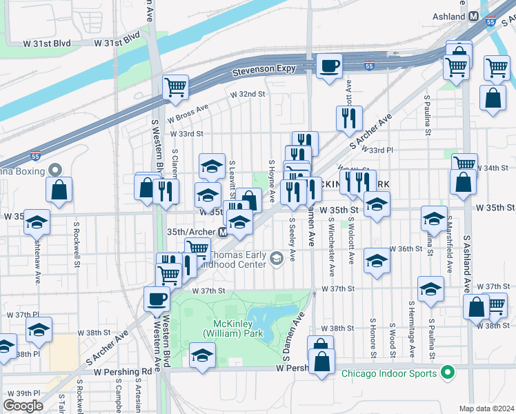 map of restaurants, bars, coffee shops, grocery stores, and more near 2100 West 35th Street in Chicago