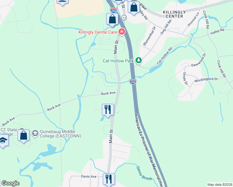 map of restaurants, bars, coffee shops, grocery stores, and more near 953 North Main Street in Killingly