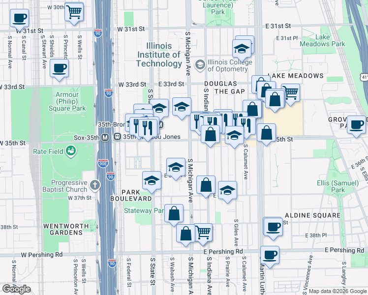 map of restaurants, bars, coffee shops, grocery stores, and more near 3510 South Michigan Avenue in Chicago