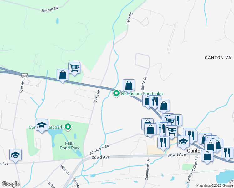 map of restaurants, bars, coffee shops, grocery stores, and more near 306 Albany Turnpike in Canton