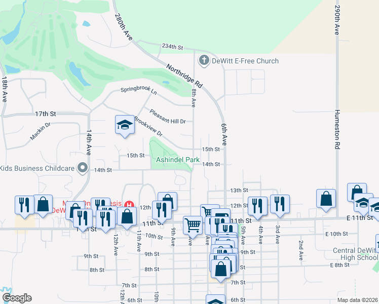 map of restaurants, bars, coffee shops, grocery stores, and more near 801 Brookview Drive in DeWitt