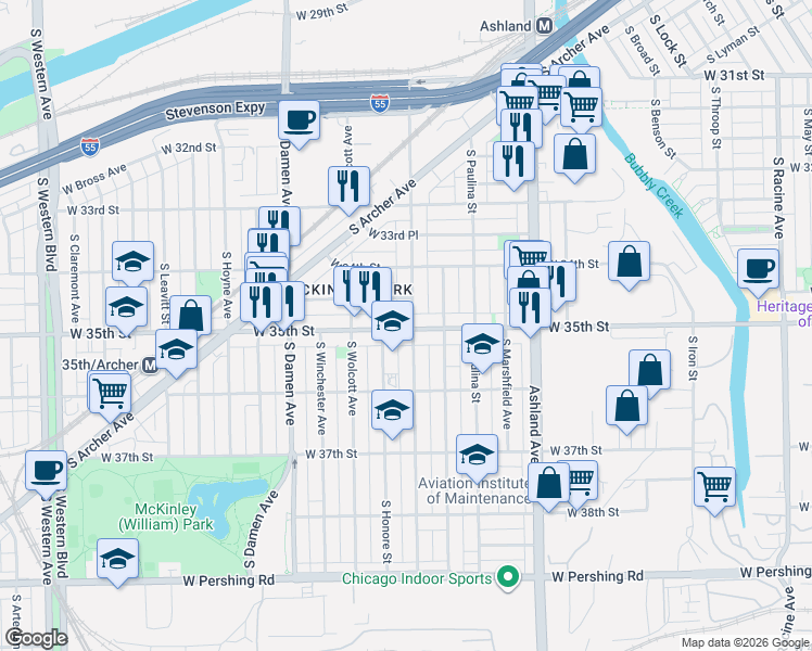 map of restaurants, bars, coffee shops, grocery stores, and more near 1810 West 35th Street in Chicago